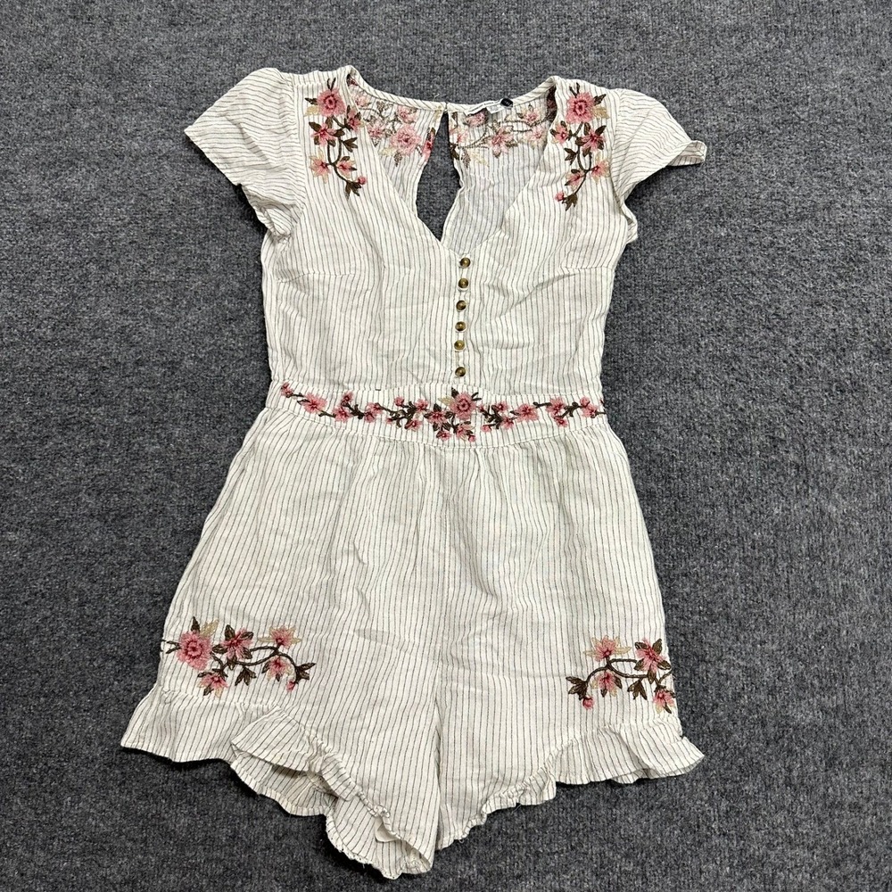American Eagle Romper Womens Size XS White Pinstripe Floral Embroidered Cotton
